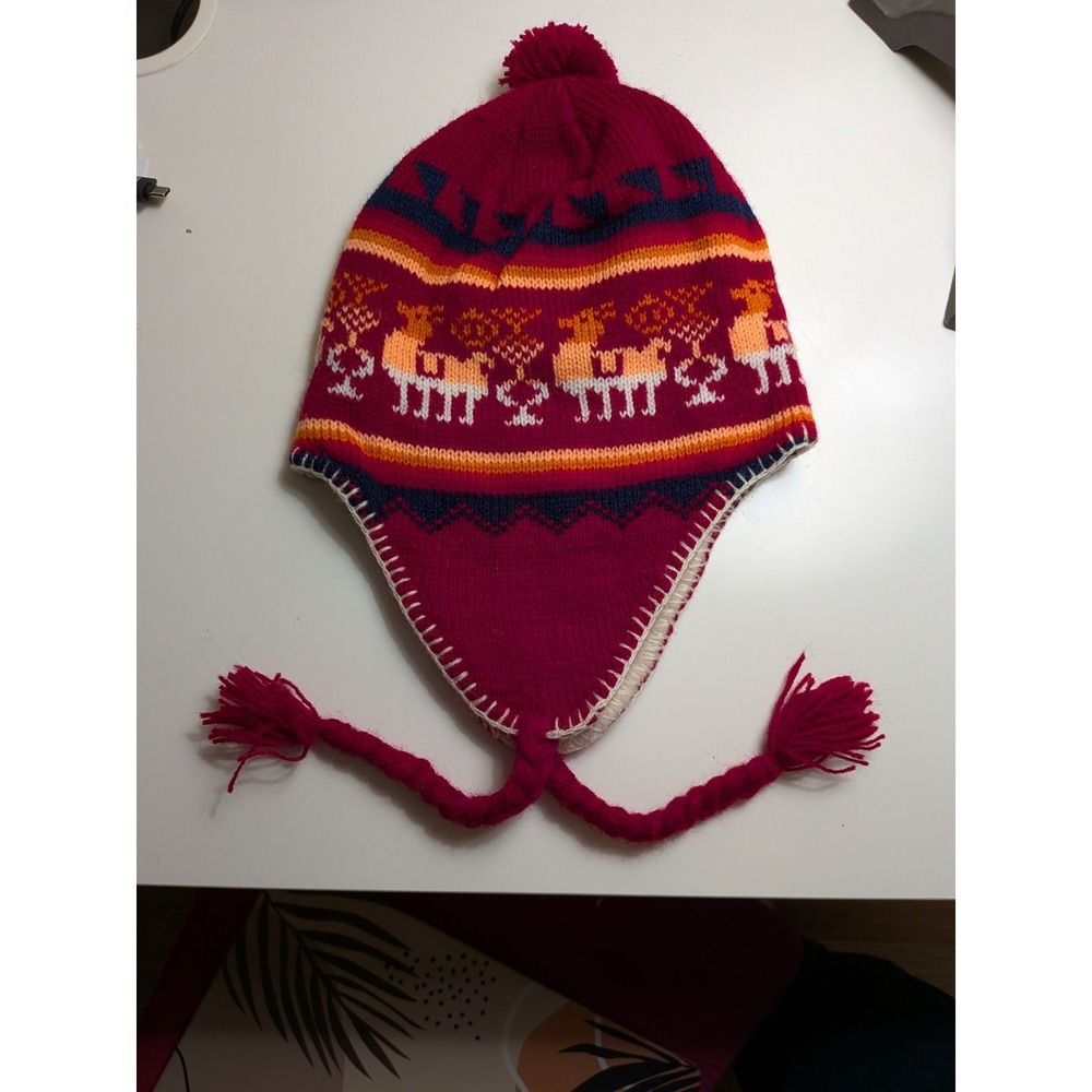 Alpaca Blend Chullo Hat Handwoven Magenta Llama Pattern Ear Flap Winter Beanie